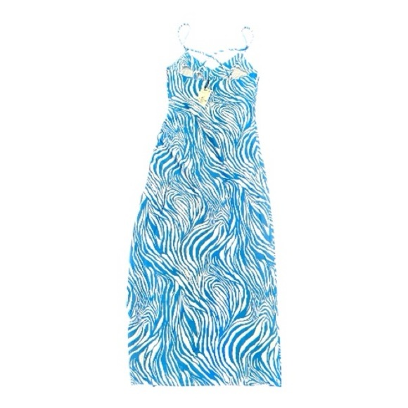 DREAMER, NWT, WOMENS, BLUE & WHITE ZEBRA PRINT, CAMI DRESS. MIDI LENGTH. SIZE L - Picture 6 of 12